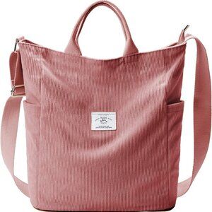 Corduroy Tote Bag, Large Messenger Bag Shoulder Hobo Anti Splash Crossbody Zippe